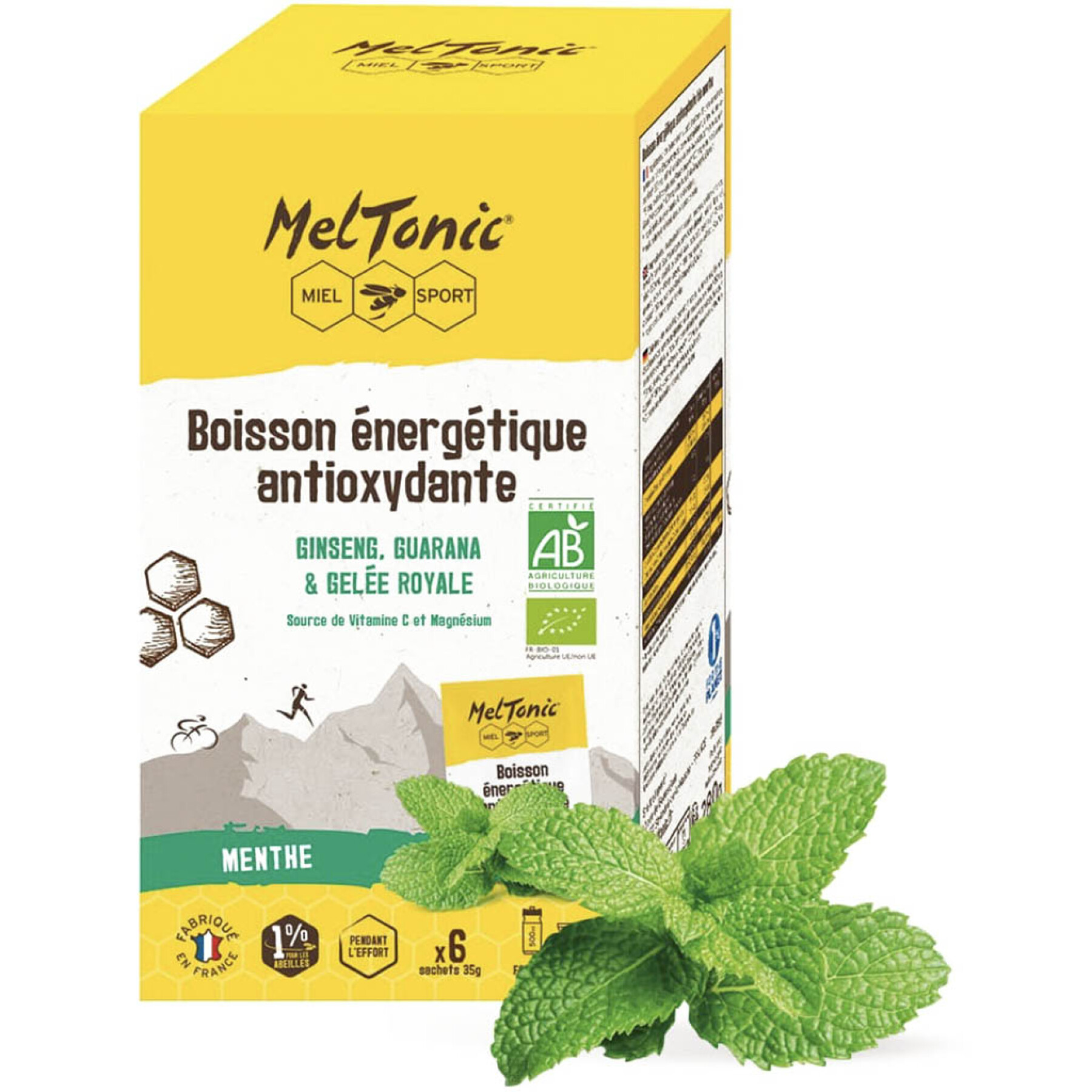Doos van 6 zakjes biologische antioxidante energiedrank munt Meltonic 35 g